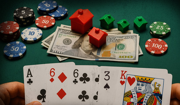 Poker chips stacked next to a hand of cards showing a King and an Ace.