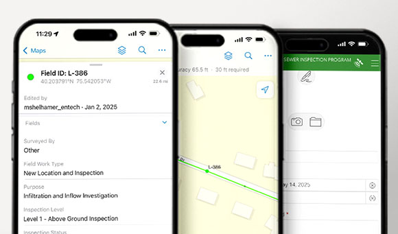 Three phones with images of form-centric and mobile data collection app interfacing.