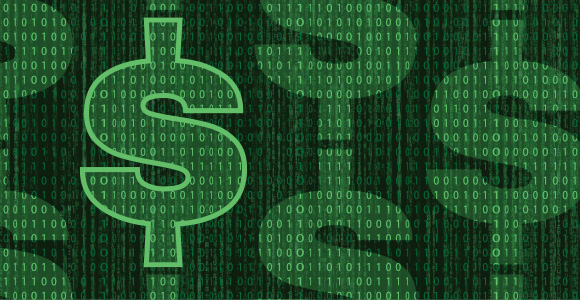 data code ones and zeros forming dollar signs